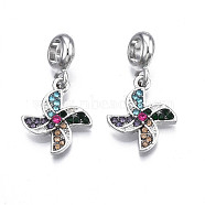 Rack Plating Alloy European Dangle Charms, with Rhinestone, Large Hole Pendants, Cadmium Free & Nickel Free & Lead Free, Platinum, Windmill, Colorful, 28mm, Hole: 5mm, Windmill: 18x15x2.5mm(MPDL-N039-046)