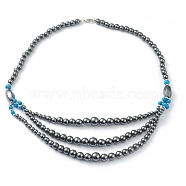 Non-Magnetic Synthetic Hematite & Turquoise Beades 3 Layer Necklaces, with Alloy Lobster Claw Clasps, Round & Twistd, Deep Sky Blue, 20.27 inch(51.5cm), Twistd: 15.5x8x8mm(NJEW-J058-01A-03)