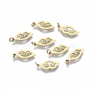 304 Stainless Steel Charms, Laser Cut, with Jump Rings, Lip with Word Love, Real 14K Gold Plated, 13.5x5.5x1mm, Jump Ring: 3x0.4mm, 2.2mm inner diameter(X-STAS-S116-063G)