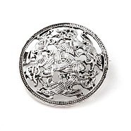 Tibetan Style Alloy Brooches, Flat Round with Knot, Antique Silver, 34.5x34.5x4mm(JEWB-O016-03B-AS)