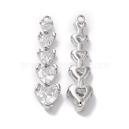 Brass with Clear Glass Pendants, Heart Charms, Platinum, 27.5x7x4mm, Hole: 1.2mm(KK-G465-35P)