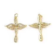 Brass Micro Pave Cubic Zirconia Pendants, with Jump Ring, Religion Cross with Wing Charm, Golden, 30x24x3.5mm, Hole: 3.3mm(KK-E068-VB087)