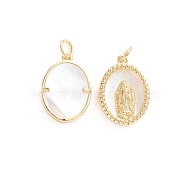Religion Brass Pendants, with Natural Shell and Jump Ring, Oval with Virgin Mary
, Golden, 17x12x3mm, Hole: 3mm(ZIRC-E164-38G)
