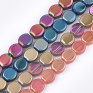 Frosted Electroplate Glass Beads Strands, Oval, Mixed Color, 10x9~9.5x4mm, Hole: 1mm, about 65pcs/strand, 25.5 inch(EGLA-S188-01)