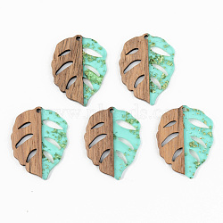 Transparent Resin & Walnut Wood Pendants, with Gold Foil, Leaf, Pale Turquoise, 37x28x3mm, Hole: 2mm(RESI-S389-003A-B02)