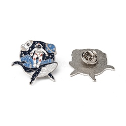 Creative Zinc Alloy Brooches, Enamel Lapel Pin, with Iron Butterfly Clutches or Rubber Clutches, Whale Shape with Spaceman, Platinum, 30x30mm, pin: 1mm(JEWB-R015-012P)