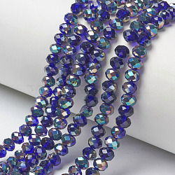 Electroplate Glass Beads Strands, Half Plated, Rainbow Plated, Faceted, Rondelle, Blue, 6x5mm, Hole: 1mm, about 85~88pcs/strand, 16.1~16.5 inch(41~42cm)(EGLA-A034-T6mm-J07)