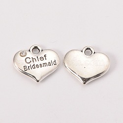 Wedding Theme Antique Silver Tone Tibetan Style Alloy Heart with Chief Bridesmaid Rhinestone Charms, Cadmium Free & Lead Free, Crystal, 14x16x3mm, Hole: 2mm(TIBEP-N005-21D)