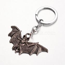 Bat Alloy Keychain, with Iron Chain and Rings, Antique Silver, 82mm(KEYC-M019-06AS)