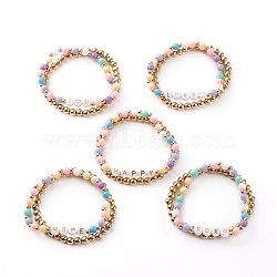 Letter Style Stretch Bracelets Sets, with CCB Plastic & Acrylic & Brass Beads, Mixed Color, Inner Diameter: 2-3/8 inch(6cm), 2pcs/set(BJEW-JB06320)