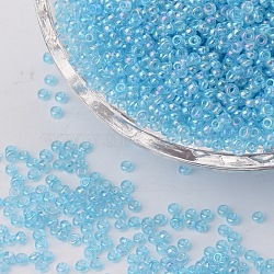 12/0 Grade A Round Glass Seed Beads, Transparent Colours Rainbow, Light Sky Blue, 12/0, 2x1.5mm, Hole: 0.9mm, about 30000pcs/bag(SEED-Q010-F547)