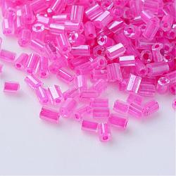 Transparent Two Cut Glass Seed Beads, Inside Color Lustered, Round Hole, Hexagon, Hot Pink, 2~6x2mm, Hole: 0.5mm, about 21000pcs/450g, 450g/bag(SEED-Q022-2203)