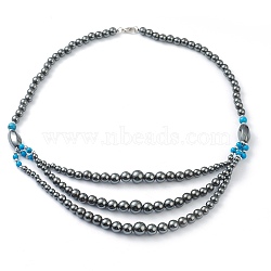 Non-Magnetic Synthetic Hematite & Turquoise Beades 3 Layer Necklaces, with Alloy Lobster Claw Clasps, Round & Twistd, Deep Sky Blue, 20.27 inch(51.5cm), Twistd: 15.5x8x8mm(NJEW-J058-01A-03)