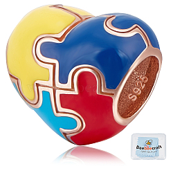 Beebeecraft 1Pc 925 Sterling Silver European Beads, with Enamel, Large Hole Beads, Heart with Puzzle, Colorful, 9.5x11x7.5mm, Hole: 5x4.5mm(STER-BBC0005-76)