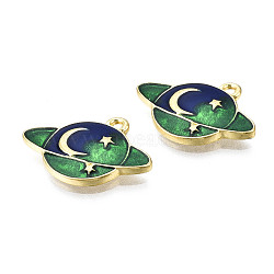 Alloy Enamel Pendants, Cadmium Free & Lead Free, Golden, Planet, Green, 15.5x21.5x2mm, Hole: 1.4mm(PALLOY-T075-70G-RS)