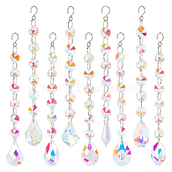 9Pcs 9 Style AB Color Faceted Glass Suncatchers, Big Pendant Decoration, Rainbow Maker, with 201 Stainless Steel Hooks, Maple Leaf/Horse Eye/Cone/Teardrop, Clear AB, 189~191mm, 1pc/style(HJEW-GL0001-05)