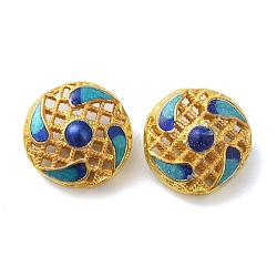 Rack Plating Brass Beads, with Enamel, Cadmium Free & Lead Free, Flat Round, Real 18K Gold Plated, Long-Lasting Plated, Blue, 13.5x8mm, Hole: 1.6mm(KK-P276-31G)