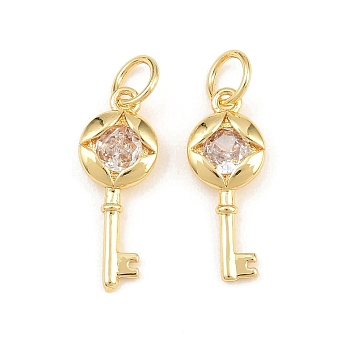 Brass Micro Pave Clear Cubic Zirconia Pendants, Key Charms, Rack Plating, Long-Lasting Plated, Lead Free & Cadmium Free, Real 18K Gold Plated, 17.5x7x3mm, Hole: 3.5mm