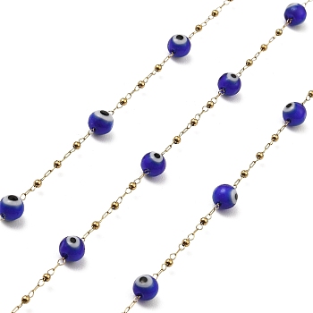 Evil Eye Lampwork Beaded Link Chains, with Golden 304 Stainless Steel Paperclip Chains, Soldered, with Spool, Medium Blue, 6mm, 2mm, about 32.81 Feet(10m)/Roll