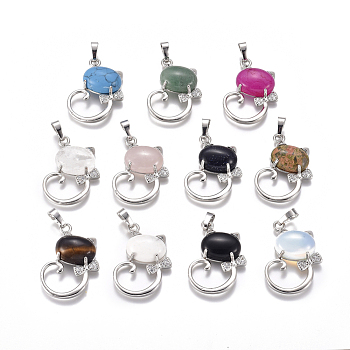 Natural & Synthetic Mixed Gemstone Kitten Pendants, with Platinum Tone Brass Findings and Crystal Rhinestone, Cat with Bowknot Shape, 32x25.5x7.5mm, Hole: 4.5x7mm