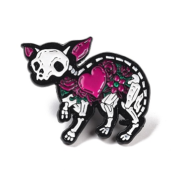 Skeleton Cat with Heart Enamel Pin for Halloween, Animal Alloy Badge for Backpack Clothing, Electrophoresis Black, Cerise, 30x36x1.5mm, Pin: 1mm
