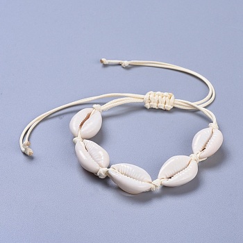 Adjustable Cowrie Shell Braided Bead Bracelets, with Eco-Friendly Korean Waxed Polyester Cord, Seashell Color, 14-1/8 inch(36cm)