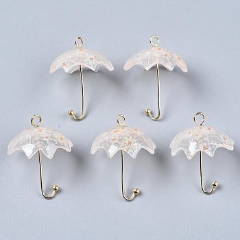 Printed Acrylic Pendants, with Golden Plated Brass Findings, 3D Umbrella with Flower Pattern, Old Lace, 22~24x18x18mm, Hole: 1.2~1.8mm