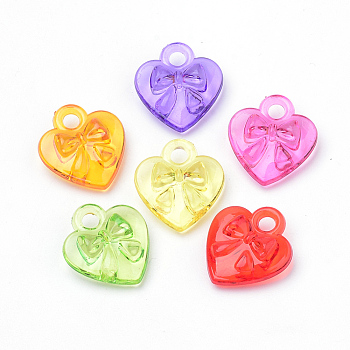 Transparent Acrylic Charms, Heart with Bowknot, Mixed Color, 17.5x16x6mm, Hole: 2.5mm