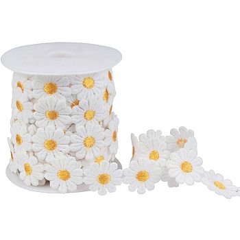 Polyester Ribbons, Garment Accessories, with Plastic Spools, Daisy, White, 25mm, Flower: 27x25x2mm, about 7yards/roll, Spool: 19x79mm