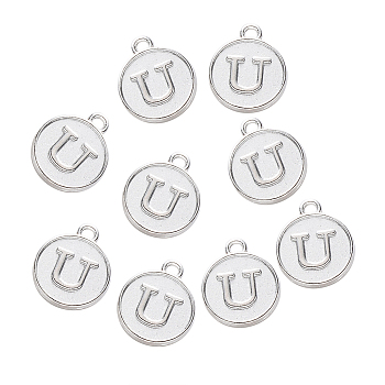 Alloy Pendant Cabochon Settings, For Enamel, Cadmium Free & Lead Free, Flat Round with Letter, Platinum, Letter.U, 14x12x2mm, Hole: 1.5mm