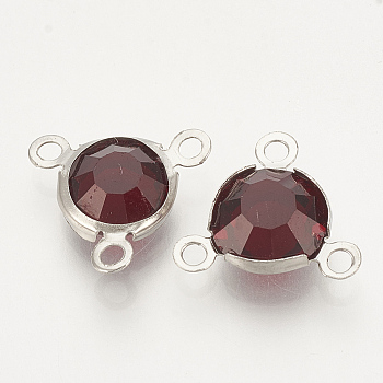 Glass Charms, with 304 Stainless Steel Finding, Flat Round, Faceted, Stainless Steel Color, Dark Red, 12x13x4mm, Hole: 1.5mm