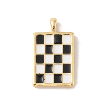 Rack Plating Brass Enamel Pendants, Cadmium Free & Lead Free, Long-Lasting Plated, Real 18K Gold Plated, Rectangle with Tartan Charm, Black, 28x16.5x3mm, Hole: 4x3mm