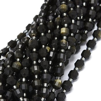 Natural Golden Sheen Obsidian, Beads Strands, with Seed Beads, Faceted, Bicone, Double Terminated Point Prism Beads, 5~7x6mm, Hole: 0.8mm, about 48pcs/strand, 15.55 inch(39.5cm)