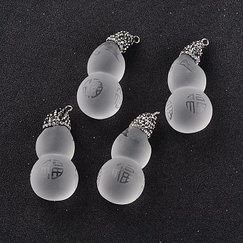 Frosted Calabash with Chinese Blessing Glass Pendants, with Polymer Clay Rhinestone and Platinum Tone Brass Findings, Clear, 46~51x20~21mm, Hole: 2mm