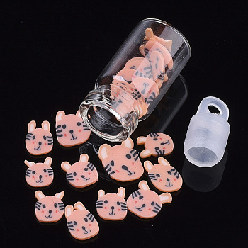 Handmade Polymer Clay Kitten Nail Art Decoration Accessories, with Glass Wishing Bottle and CCB Plastic Bottle Stopper, Cartoon Cat Head, Light Salmon, 4~9x4~6x0.5~1mm