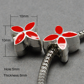 Alloy Enamel European Beads, Large Hole Beads, Flower, Silver Color Plated, Red, 10x10x8mm, Hole: 5mm