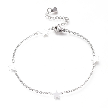 304 Stainless Steel Cable Chain Anklets, with Star Links and Lobster Claw Clasps, Stainless Steel Color, 8-7/8 inch(22.5cm)