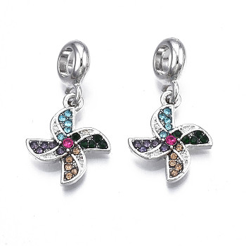 Rack Plating Alloy European Dangle Charms, with Rhinestone, Large Hole Pendants, Cadmium Free & Nickel Free & Lead Free, Platinum, Windmill, Colorful, 28mm, Hole: 5mm, Windmill: 18x15x2.5mm