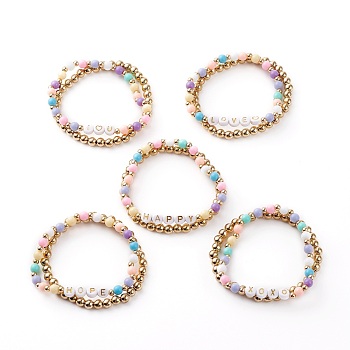 Letter Style Stretch Bracelets Sets, with CCB Plastic & Acrylic & Brass Beads, Mixed Color, Inner Diameter: 2-3/8 inch(6cm), 2pcs/set