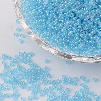 12/0 Grade A Round Glass Seed Beads, Transparent Colours Rainbow, Light Sky Blue, 12/0, 2x1.5mm, Hole: 0.9mm, about 30000pcs/bag