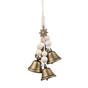 Iron Bell Pendant Decoration, Alloy Sun & Wood Beads and Jute Cord for Home Door Hanging Ornaments, Antique Bronze, 255mm