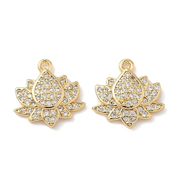 Brass Micro Pave Cubic Zirconia Charms, Lotus, Nickel Free, Real 18K Gold Plated, Clear, 12.5x12.5x2.5mm, Hole: 1mm