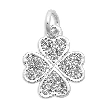 Brass Micro Pave Clear Cubic Zirconia Charms, Cadmium Free & Nickel Free & Lead Free, Clover, Platinum, 14x11.5x2mm, Jump Ring: 7x1mm, 5mm