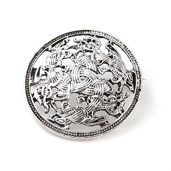 Tibetan Style Alloy Brooches, Flat Round with Knot, Antique Silver, 34.5x34.5x4mm