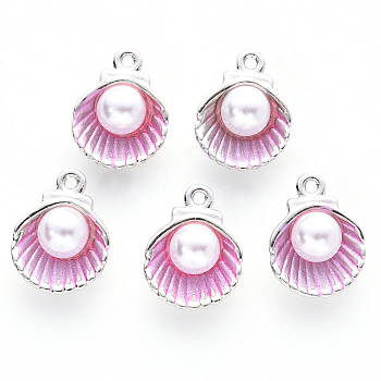 Alloy Enamel Charms, with Plastic Bead, Cadmium Free & Lead Free, Platinum, Shell, Pearl Pink, 14.5x11.5x7mm, Hole: 1.2mm