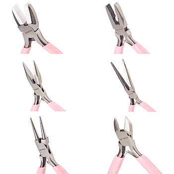 45# Carbon Steel Jewelry Plier Sets, Polishing, Pink, 10.25~14x6.8~8.95x0.8~1cm, 6pcs/set