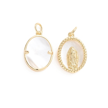 Religion Brass Pendants, with Natural Shell and Jump Ring, Oval with Virgin Mary
, Golden, 17x12x3mm, Hole: 3mm
