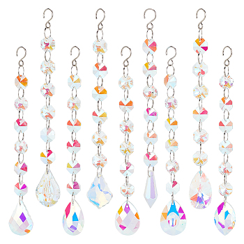 9Pcs 9 Style AB Color Faceted Glass Suncatchers, Big Pendant Decoration, Rainbow Maker, with 201 Stainless Steel Hooks, Maple Leaf/Horse Eye/Cone/Teardrop, Clear AB, 189~191mm, 1pc/style