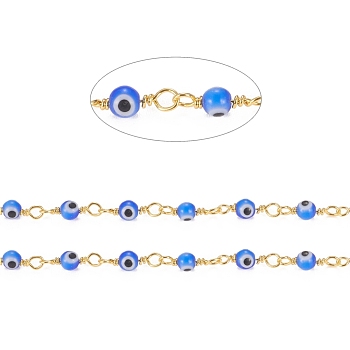 3.28 Feet Handmade Evil Eye Lampwork Round Beaded Chains, with Brass Findings, Unwelded, Long-Lasting Plated, Golden, Medium Blue, 12.5x2.8x4x1.5mm, Beads: 4mm