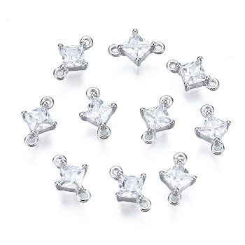 Long-Lasting Plated 925 Sterling Silver Cubic Zirconia Links, Nickel Free, Rhombus, Real Platinum Plated, 7.5x5x2.5mm, Hole: 0.5mm